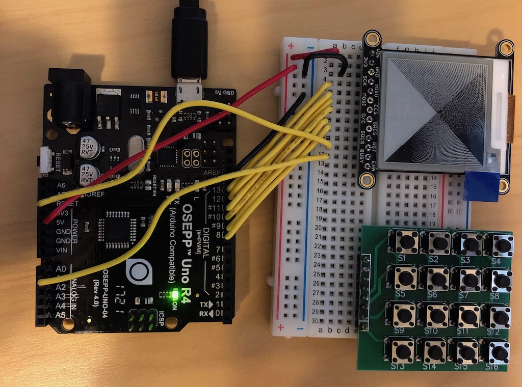 Keypad and e-ink display controlled by a OSEPP Uno microcontroller on a breadboard